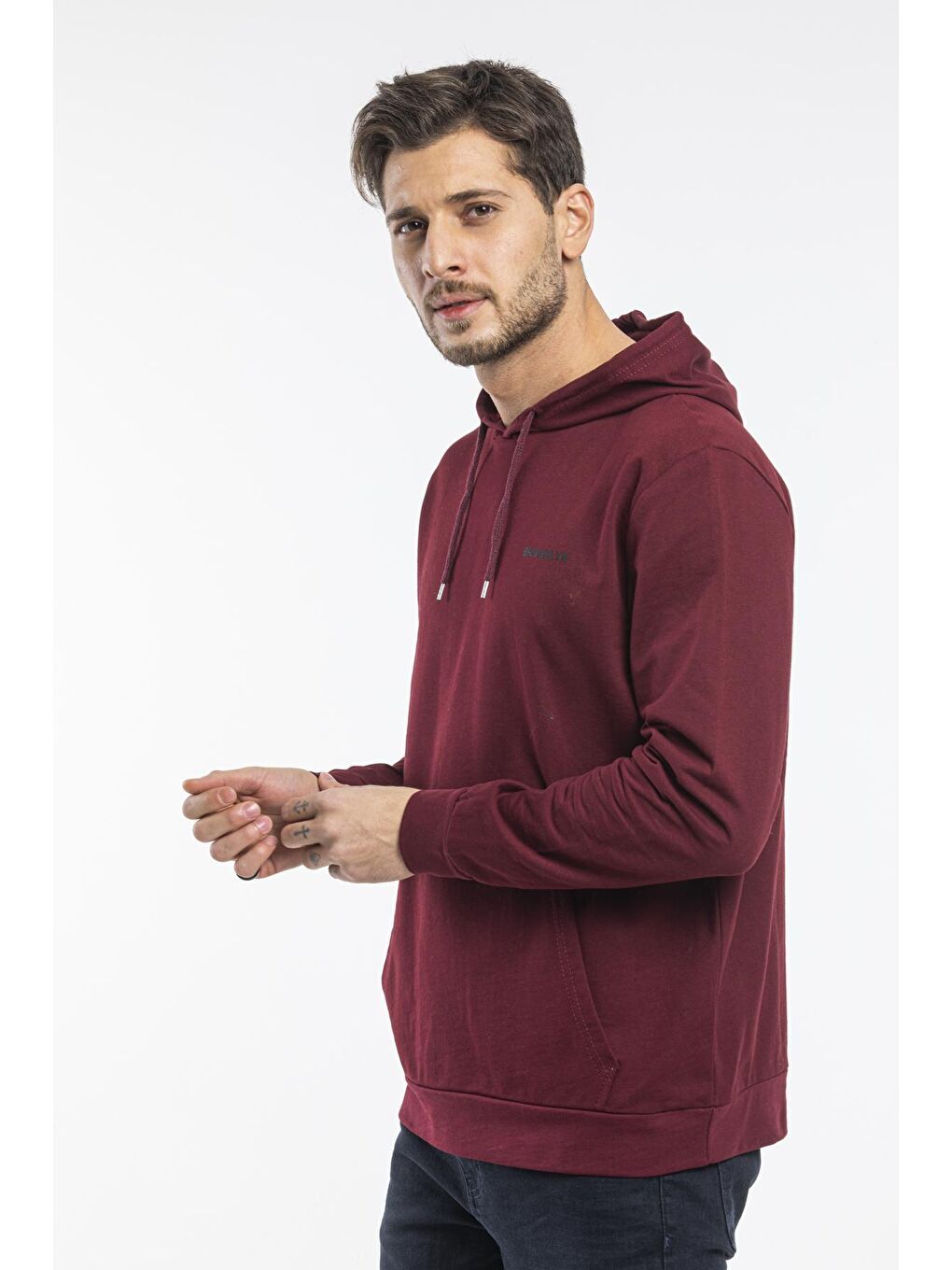 Bordo Kapüşonlu Uzun Kollu Baskılı Dar Kalıp İnce Erkek Hoodie SPR 2019K61-1