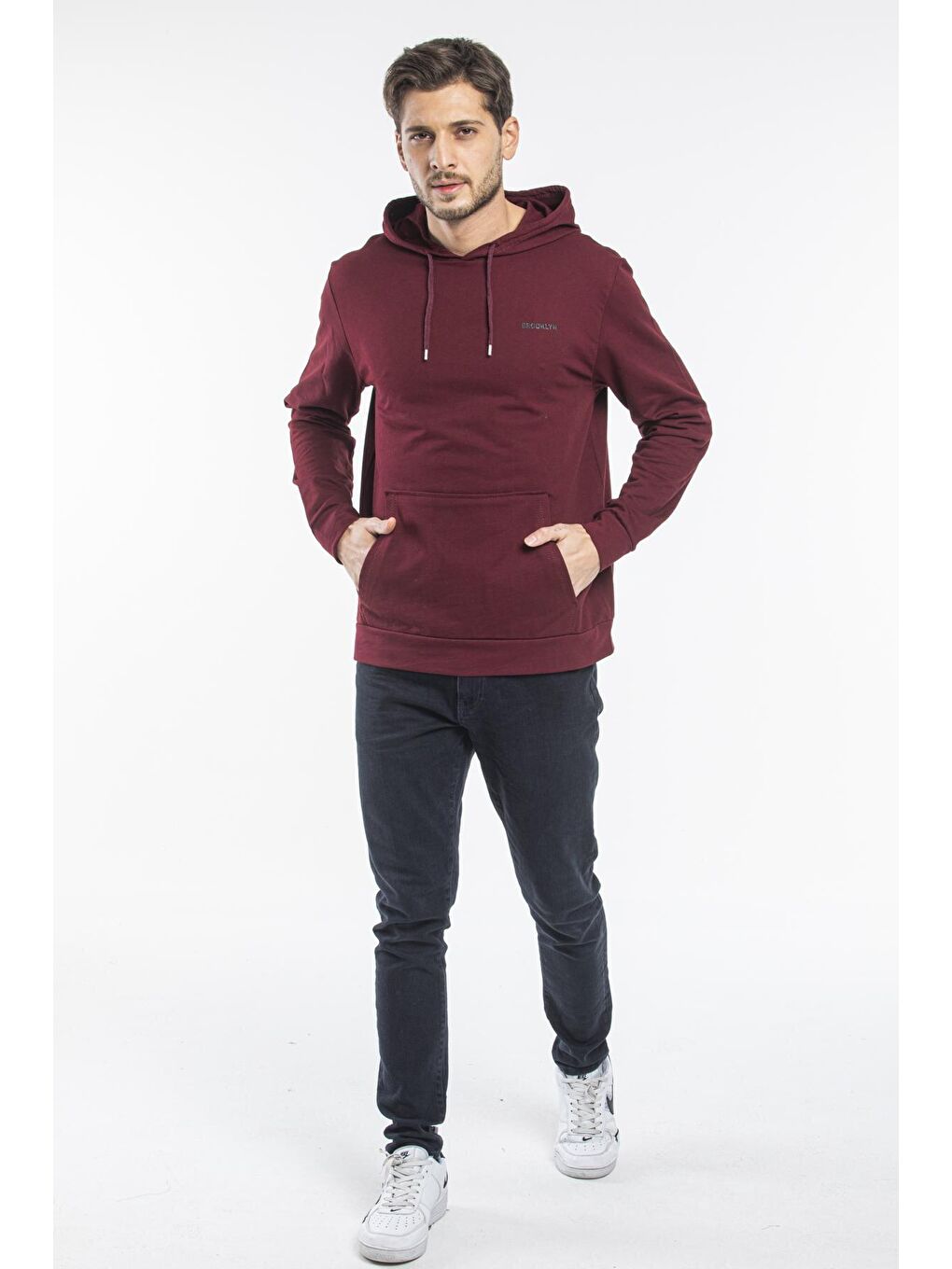 Bordo Kapüşonlu Uzun Kollu Baskılı Dar Kalıp İnce Erkek Hoodie SPR 2019K61-2