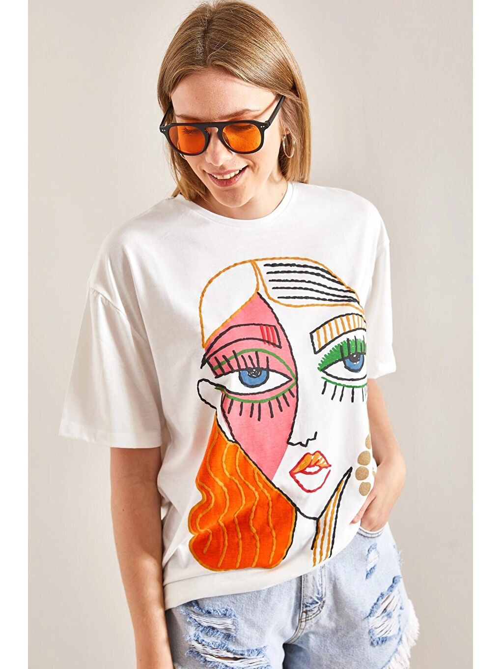 Turuncu Kadın Desenli Penye Tshirt-1