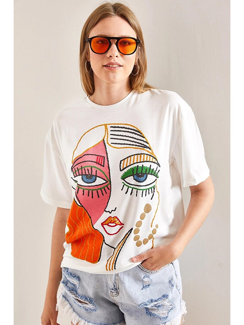 Turuncu Kadın Desenli Penye Tshirt-2