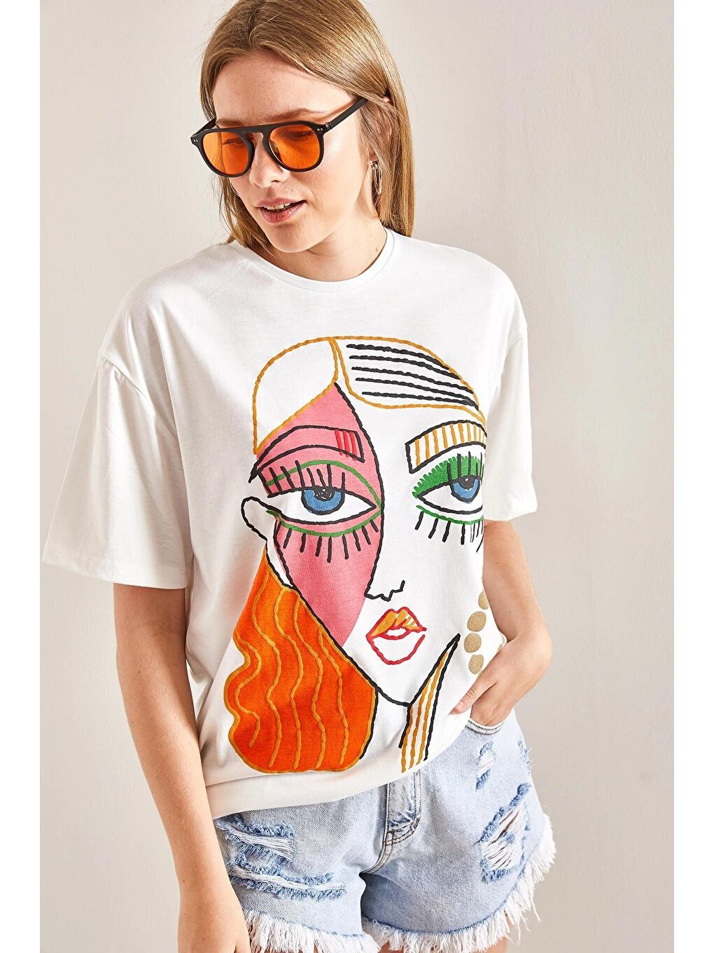 Turuncu Kadın Desenli Penye Tshirt-4