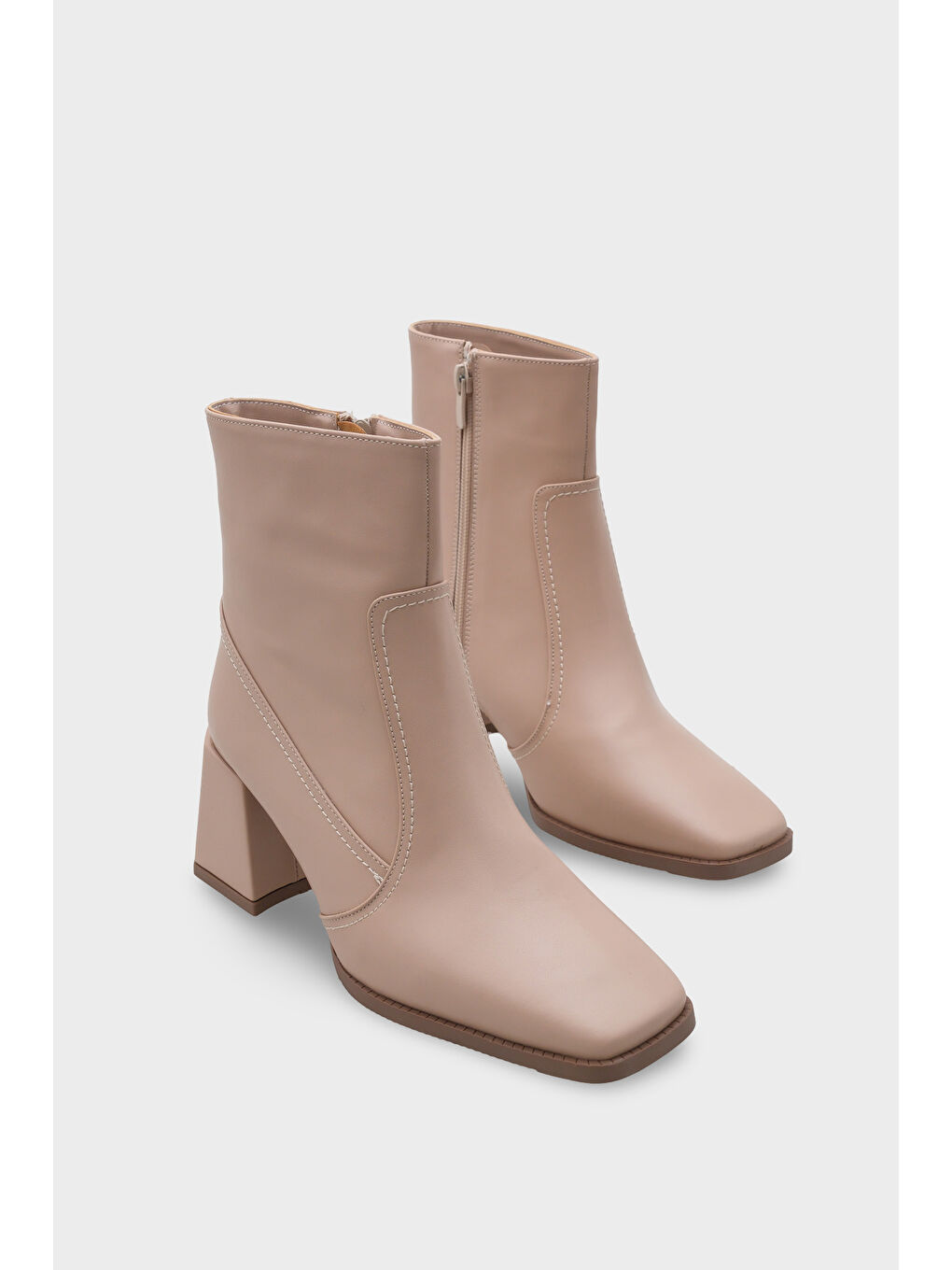 Ekru Küt Burunlu Yandan Fermuarlı Kadın Bot-1