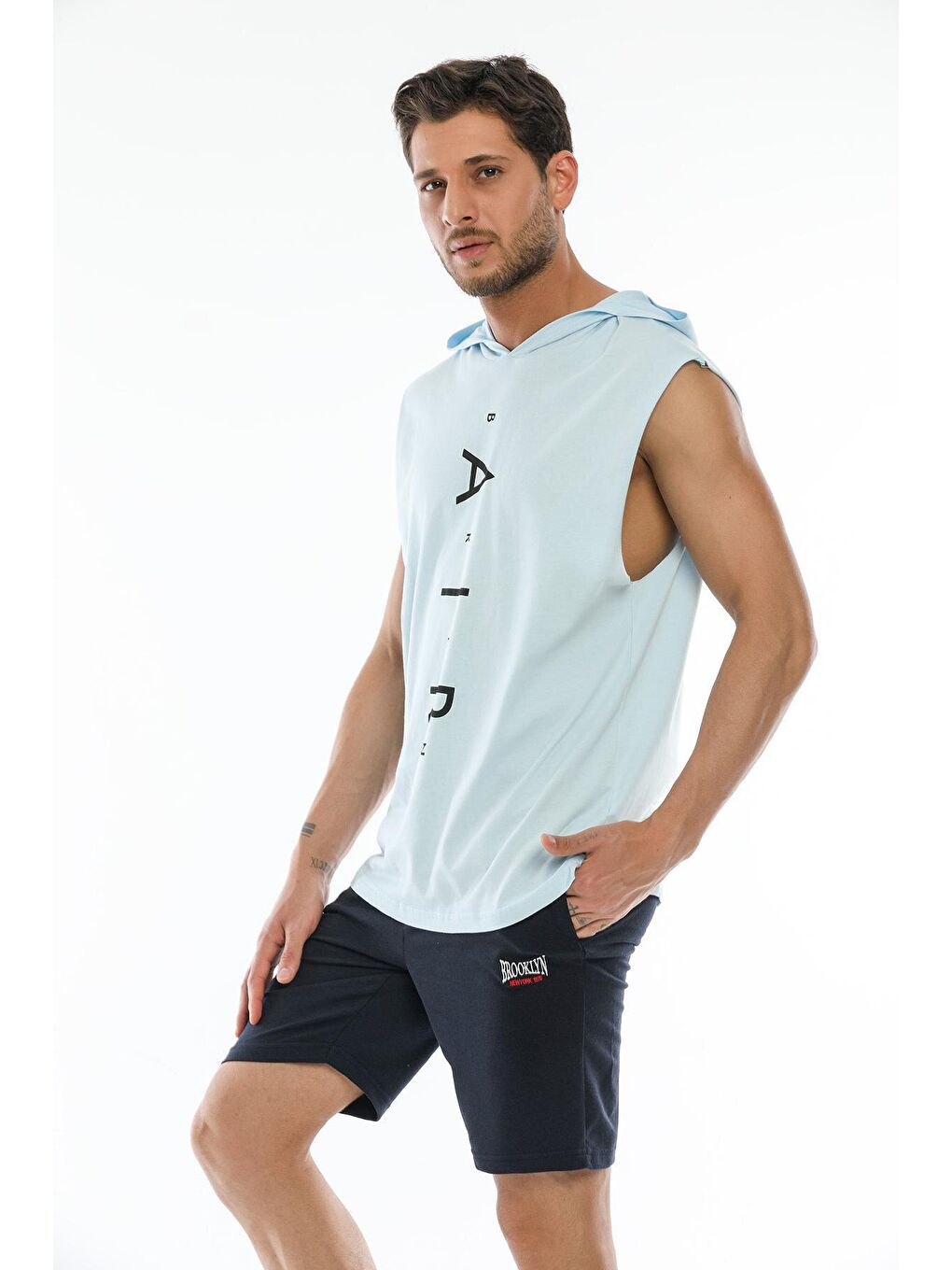 Mavi Erkek Kapüşonlu Oversize Fit Aır Baskılı Kolsuz Kolsuz Tişört SPR21Y07-1