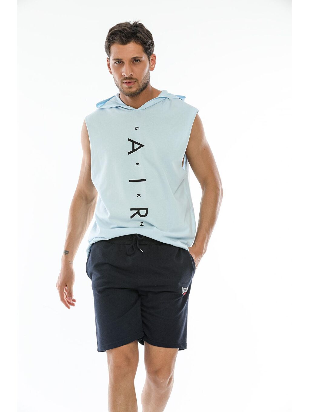 Mavi Erkek Kapüşonlu Oversize Fit Aır Baskılı Kolsuz Kolsuz Tişört SPR21Y07-2