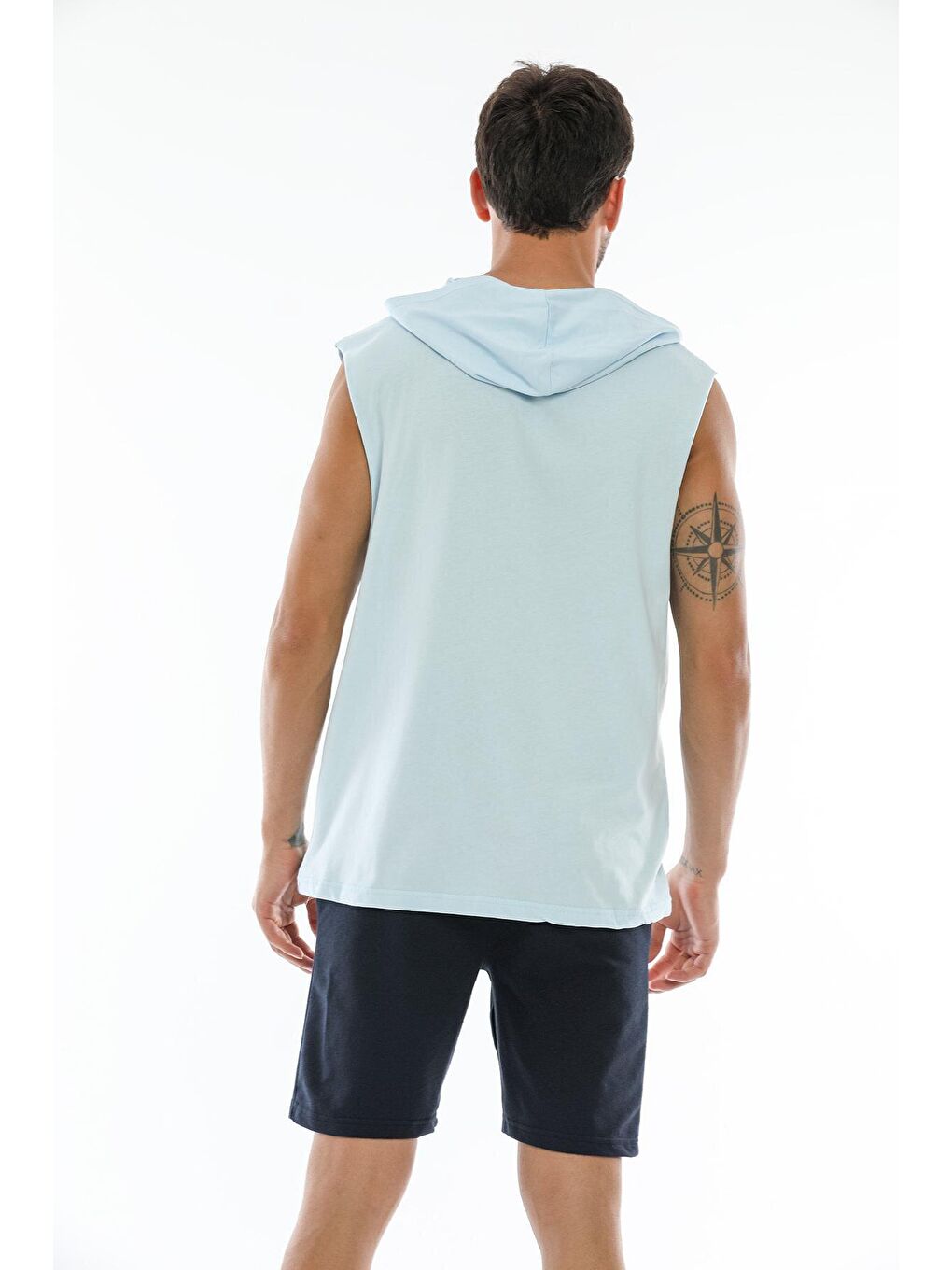 Mavi Erkek Kapüşonlu Oversize Fit Aır Baskılı Kolsuz Kolsuz Tişört SPR21Y07-3