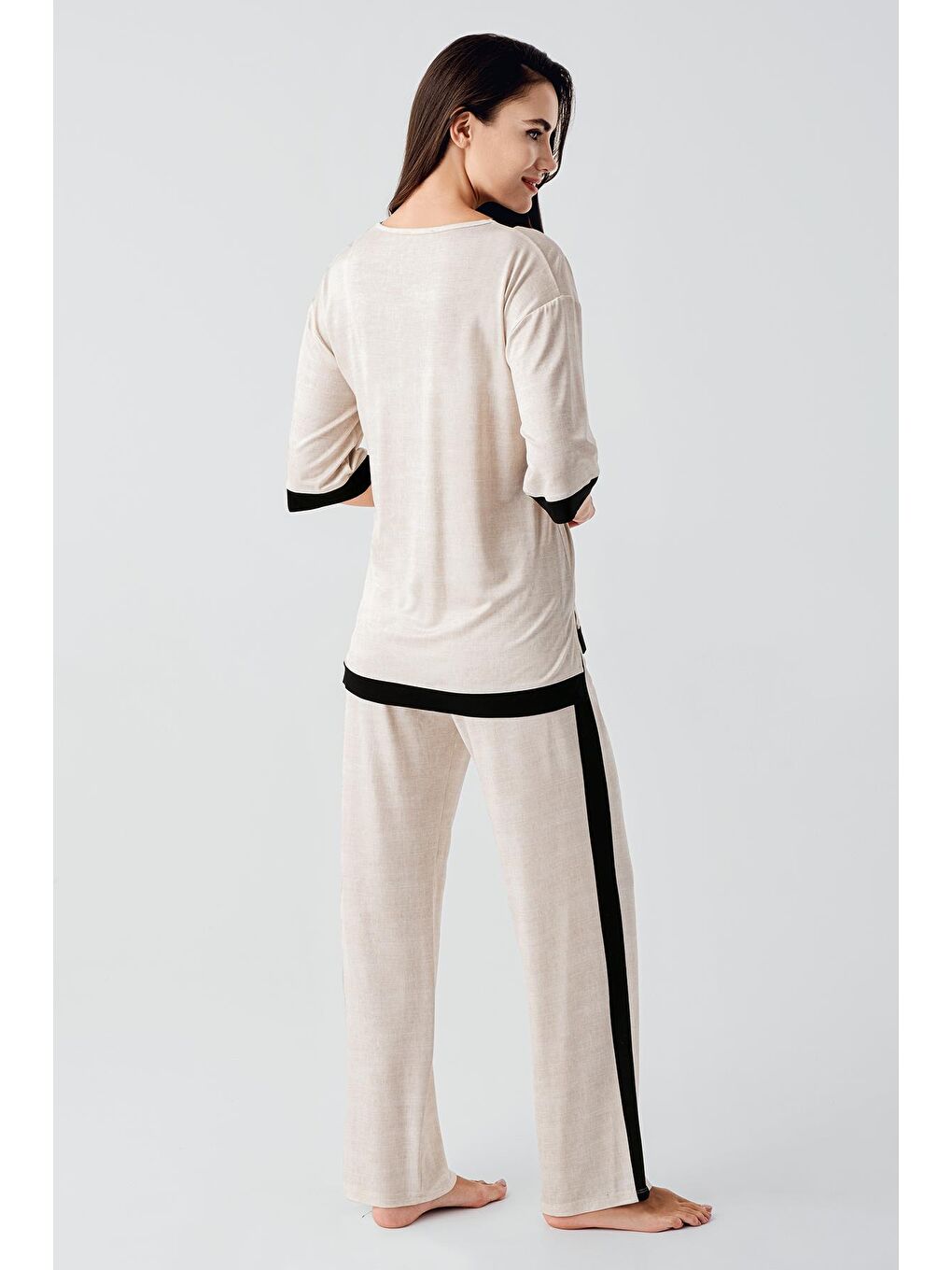 Bej Kısa Kollu Esnek Viskoz Pijama Takım 17213-2