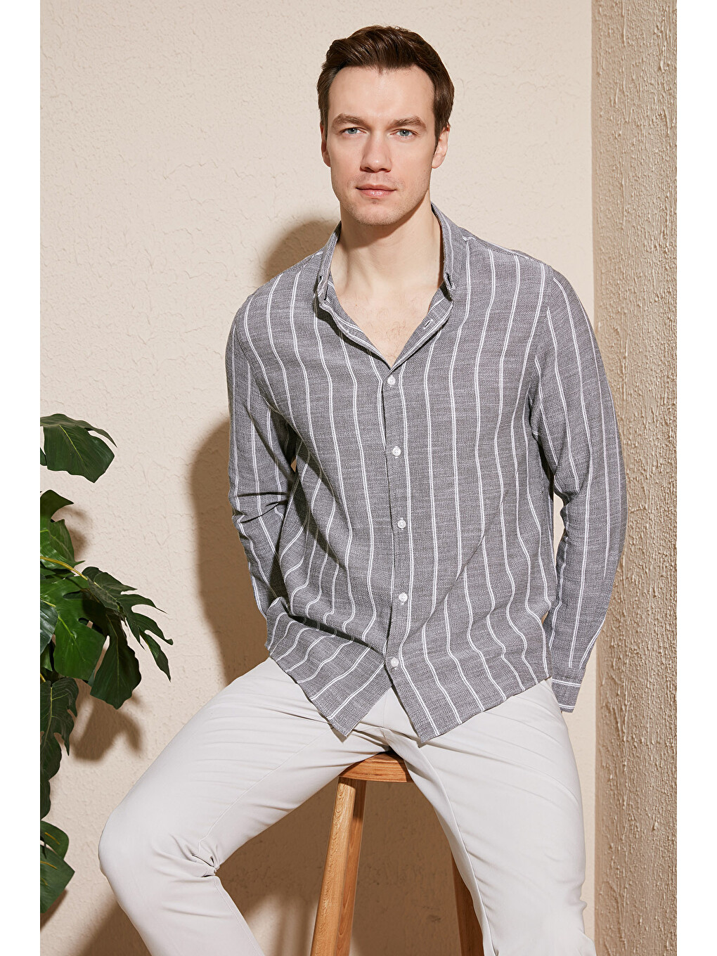 Yeşil Pamuklu Çizgili Regular Fit Düğmeli Yaka Gömlek Cf21s112480-1