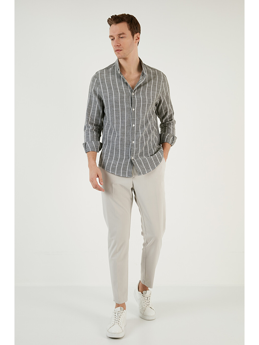 Yeşil Pamuklu Çizgili Regular Fit Düğmeli Yaka Gömlek Cf21s112480-3