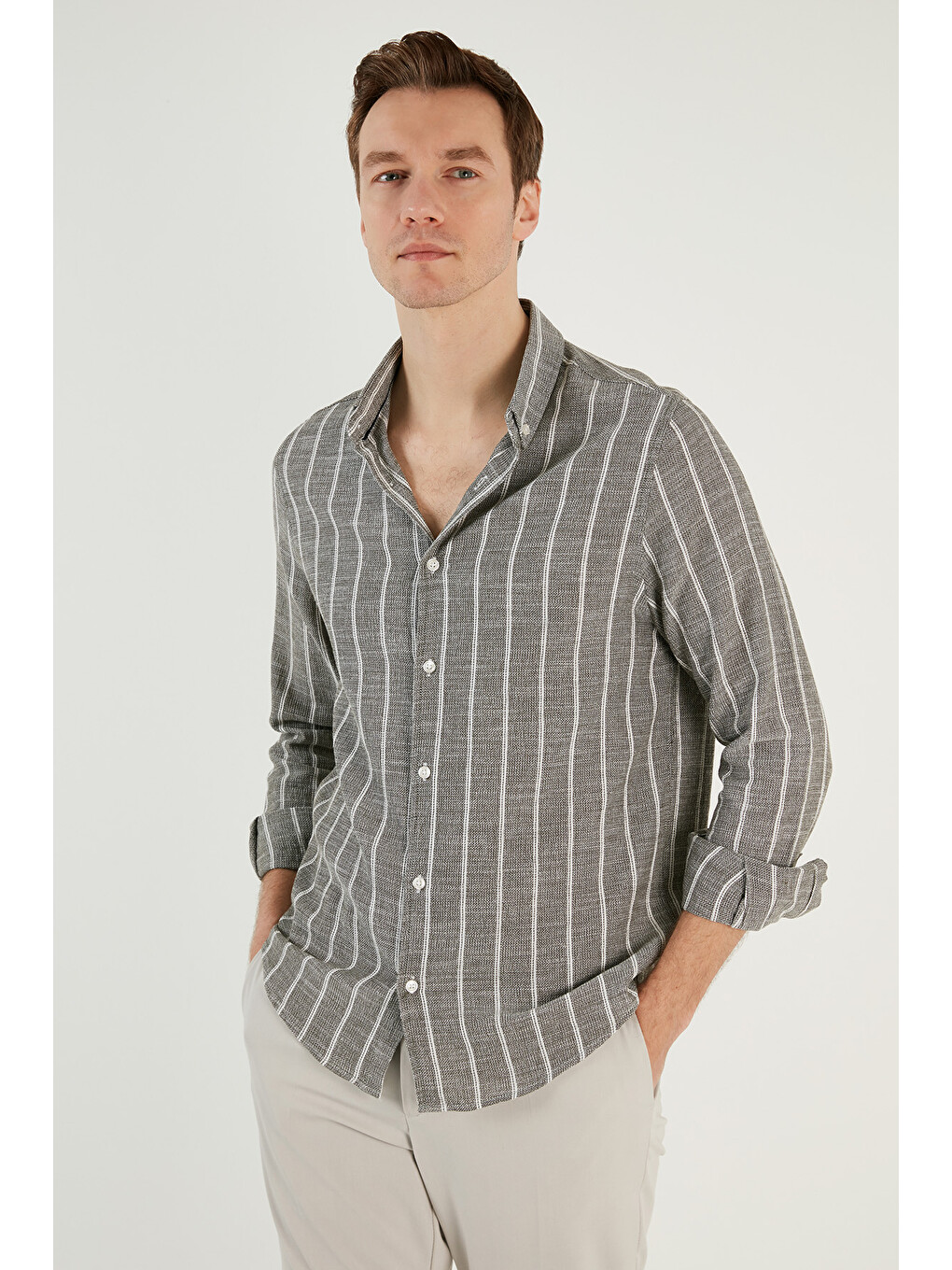 Yeşil Pamuklu Çizgili Regular Fit Düğmeli Yaka Gömlek Cf21s112480-5