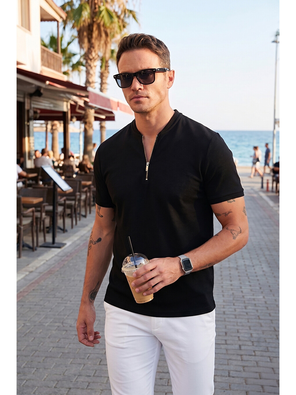 Siyah Pamuklu Regular Fit Yarım Fermuarlı Tişört 5902653