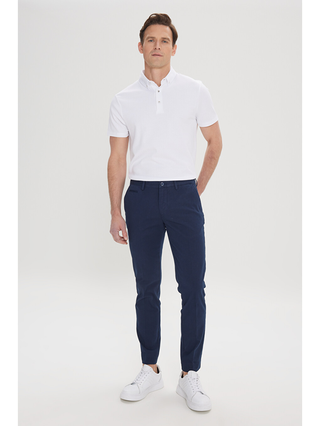 Erkek Lacivert Slim Fit Dar Kesim Yan Cepli Pamuklu Esnek Armürlü Pantolon-2