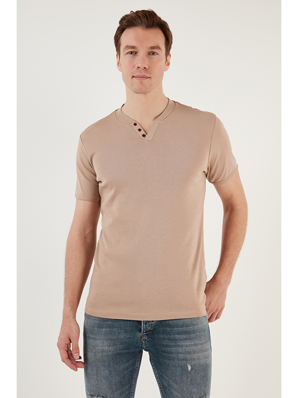 Gri Pamuklu Düğme Detaylı Regular Fit V Yaka 3'lü Paket T Shirt 5902122s3-3