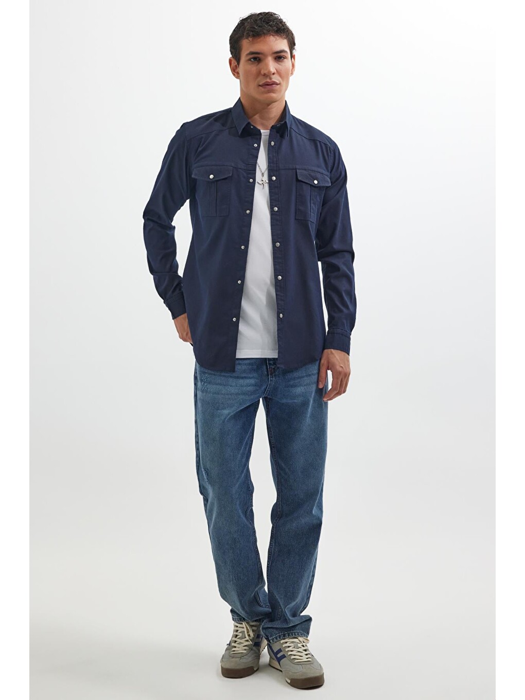 Erkek Slim Fit Uzun Kollu Spor Yaka Yıkamalı Çift Cepli Armürlü Jean Lacivert Gömlek-3