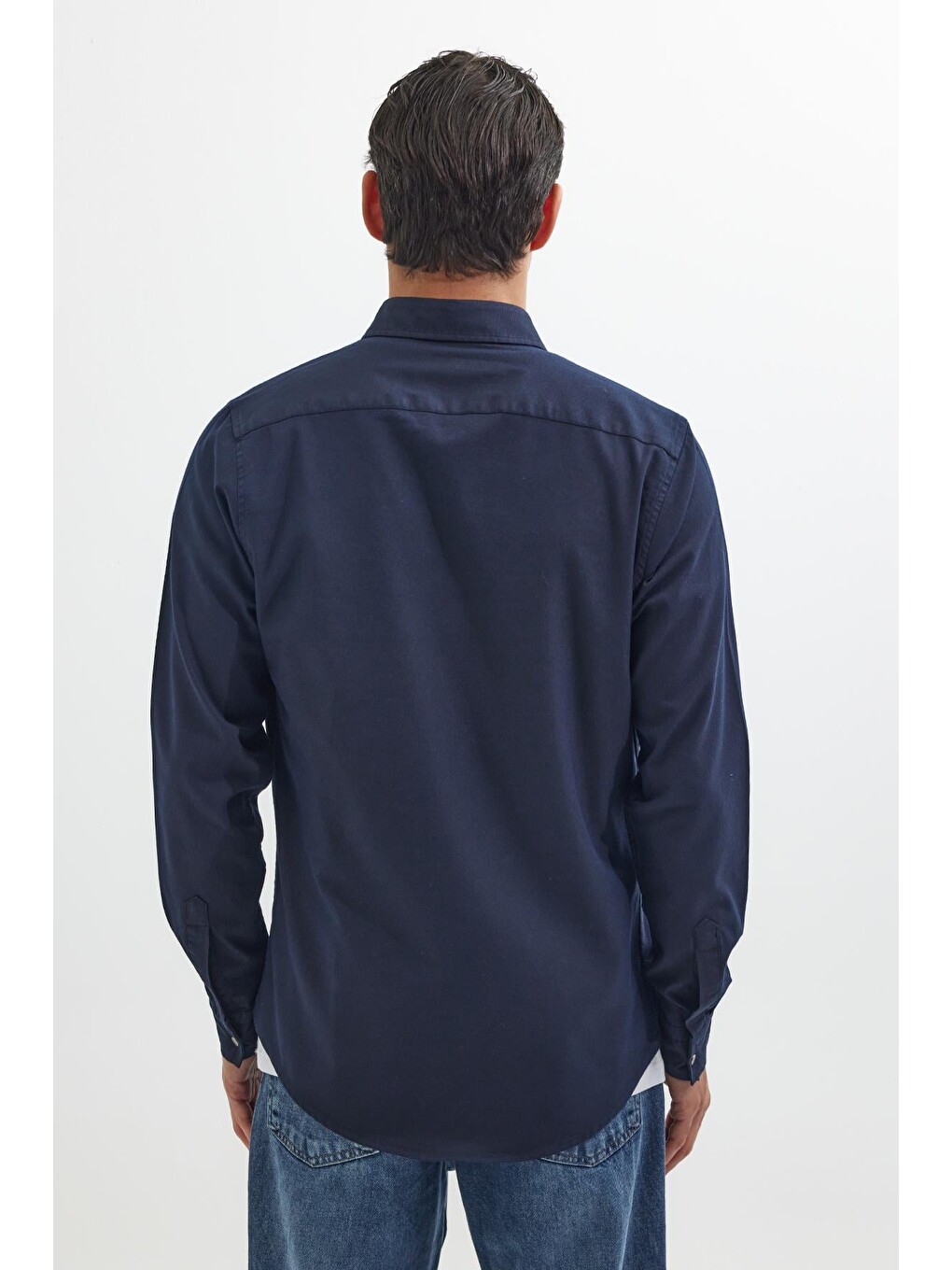 Erkek Slim Fit Uzun Kollu Spor Yaka Yıkamalı Çift Cepli Armürlü Jean Lacivert Gömlek-6