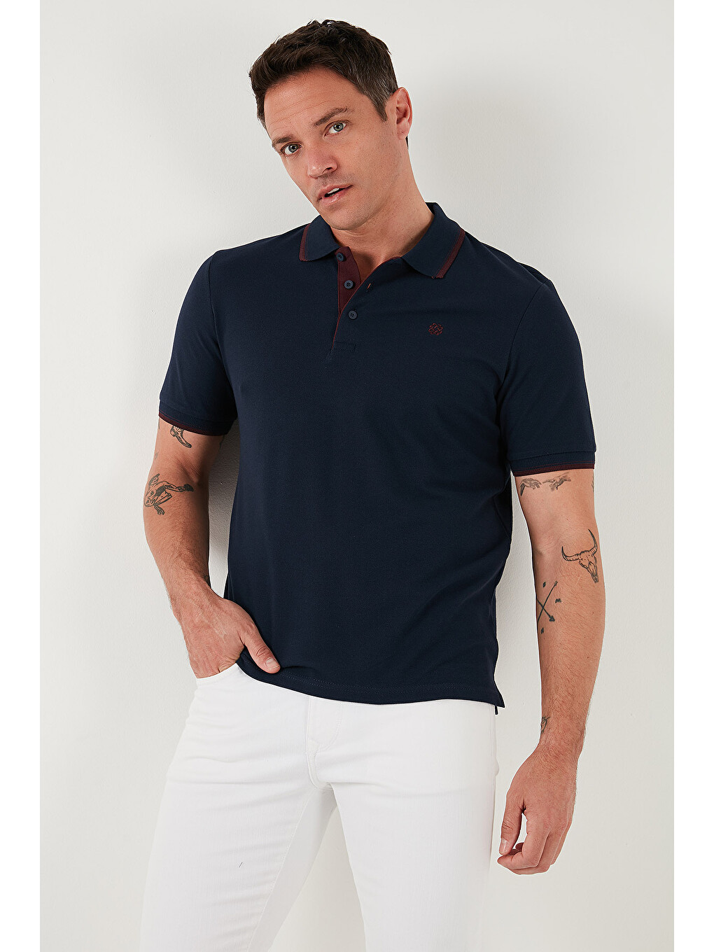 Bordo Pamuklu Regular Fit Şerit Detaylı Düğmeli Polo Yaka 4'lü Paket T Shirt 5902118s4-4