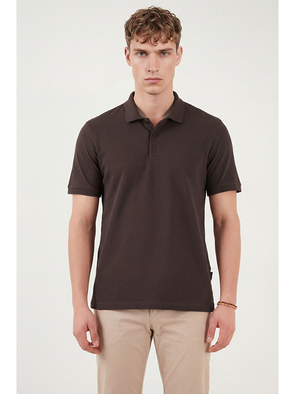 Kahverengi % 100 Pamuk Regular Fit Düğmeli Erkek Polo Yaka Tişört 5902127-3