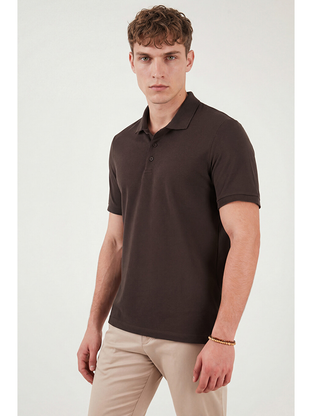 Kahverengi % 100 Pamuk Regular Fit Düğmeli Erkek Polo Yaka Tişört 5902127-4