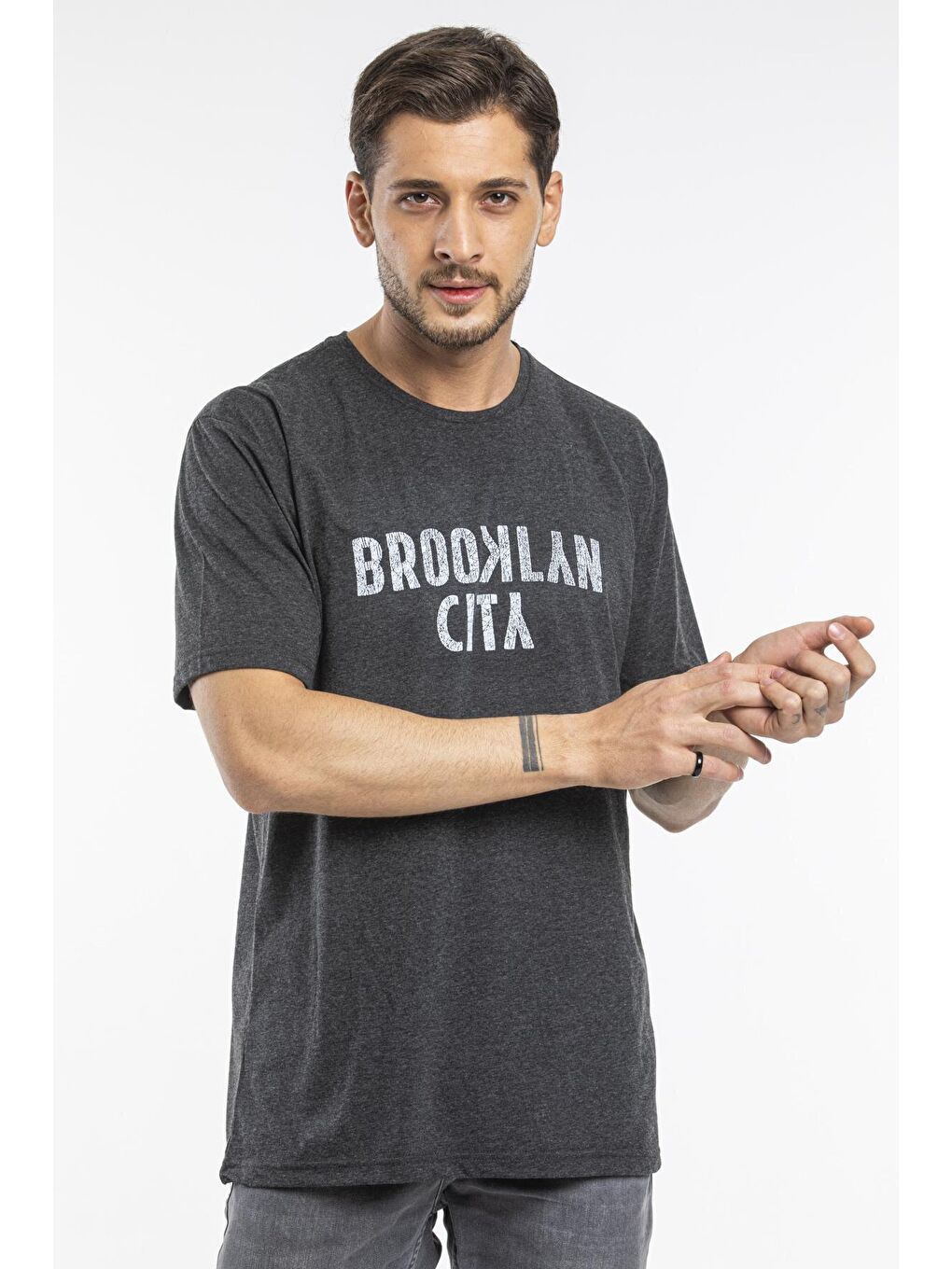 Antrasit Erkek Bisiklet yaka Brooklyn City Baskılı Tişort SPR 253