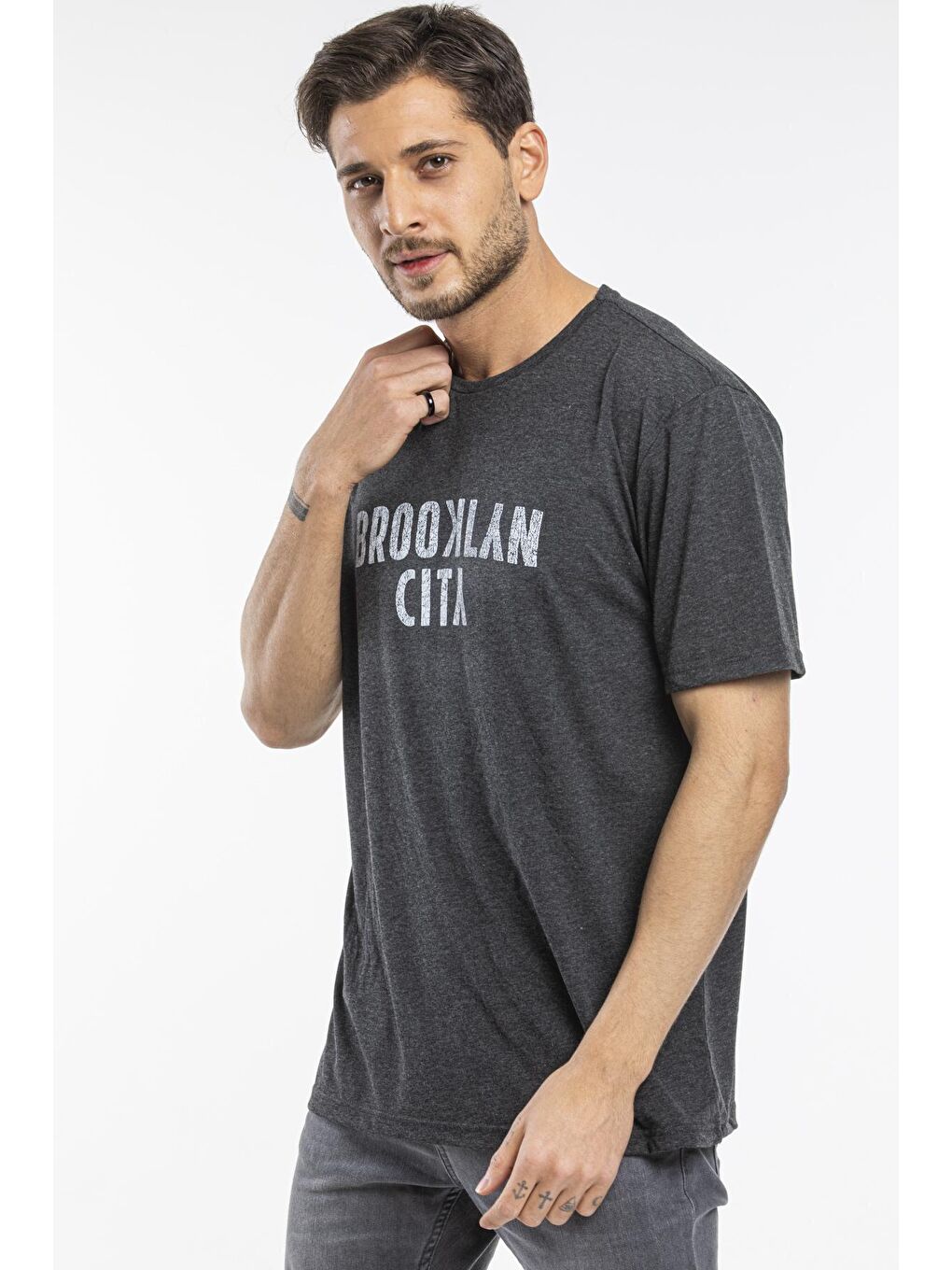 Antrasit Erkek Bisiklet yaka Brooklyn City Baskılı Tişort SPR 253-1