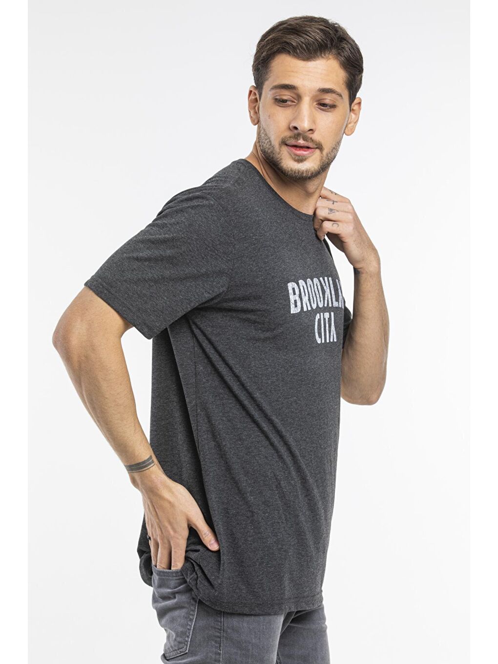 Antrasit Erkek Bisiklet yaka Brooklyn City Baskılı Tişort SPR 253-2