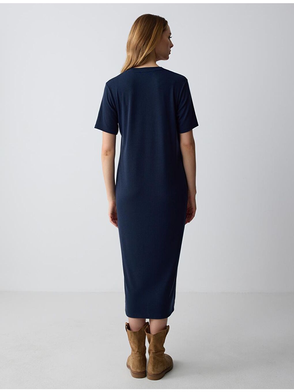 Lacivert Düz Kesim Bisiklet Yaka Kısa Kollu Örme Elbise-5