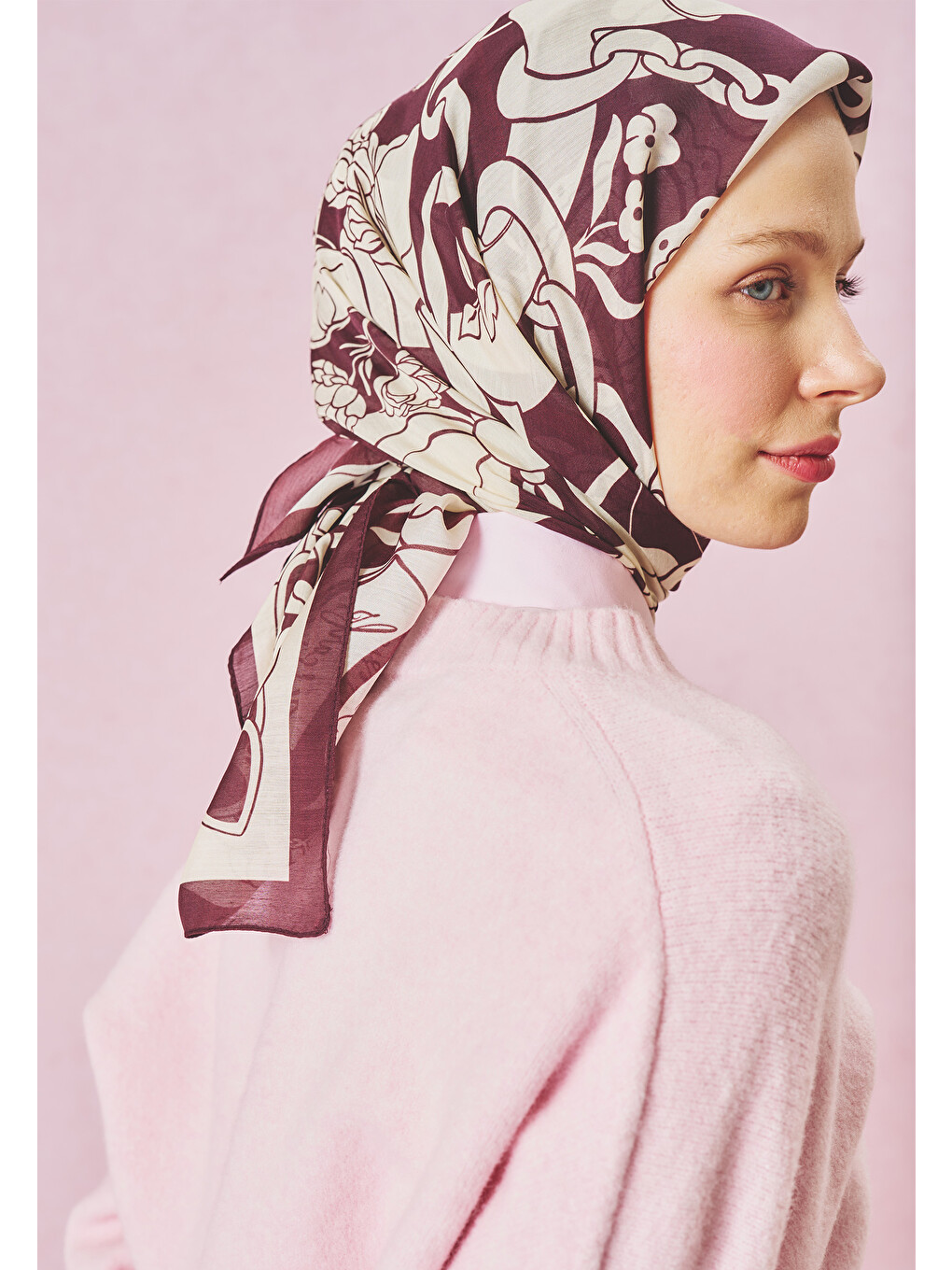 Mürdüm Eternal Love Desen Floş Viskon Eşarp Burgundy-4