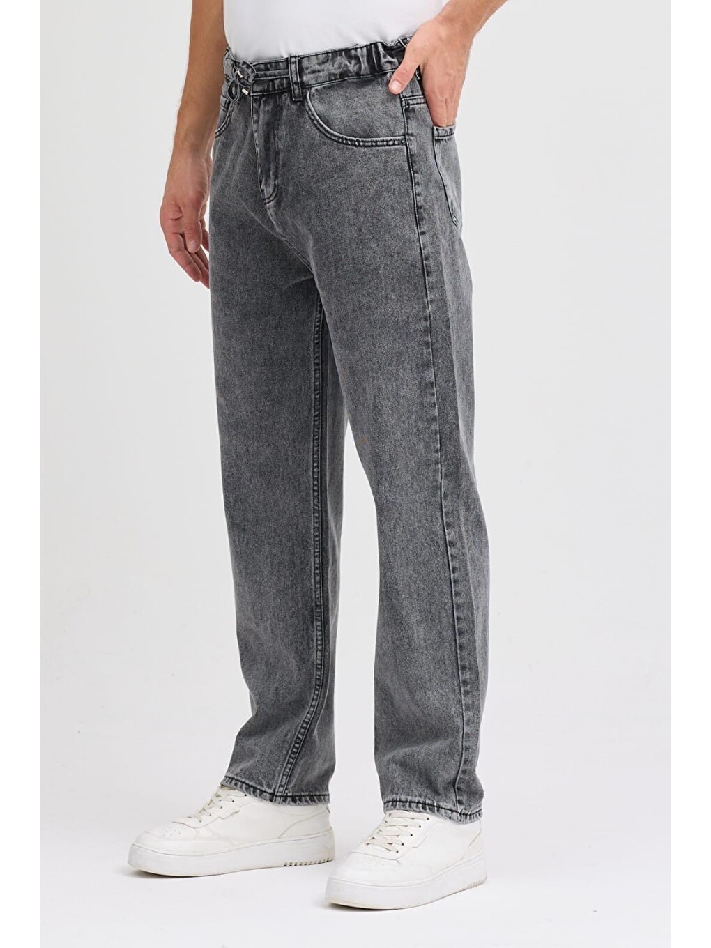 Antrasit Reax 896 Beli Lastikli İpli Baggy Bol Kesim Jean Pantolon-1