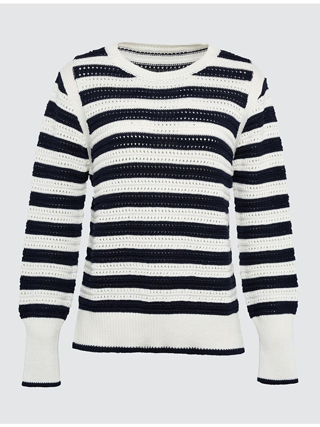 Ekru Uzun Kollu Çizgili Triko Kazak-5