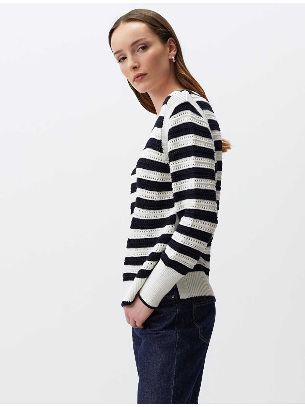 Ekru Uzun Kollu Çizgili Triko Kazak-1