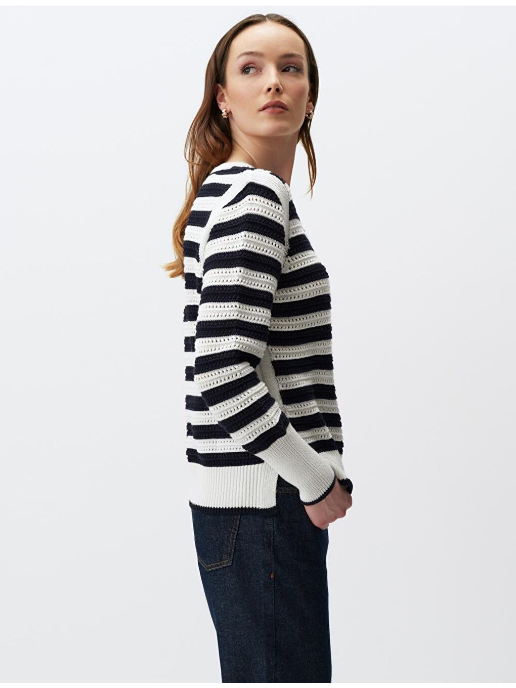 Ekru Uzun Kollu Çizgili Triko Kazak-2