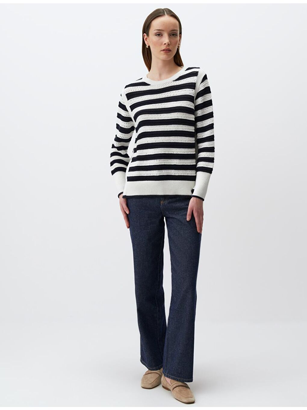 Ekru Uzun Kollu Çizgili Triko Kazak-3