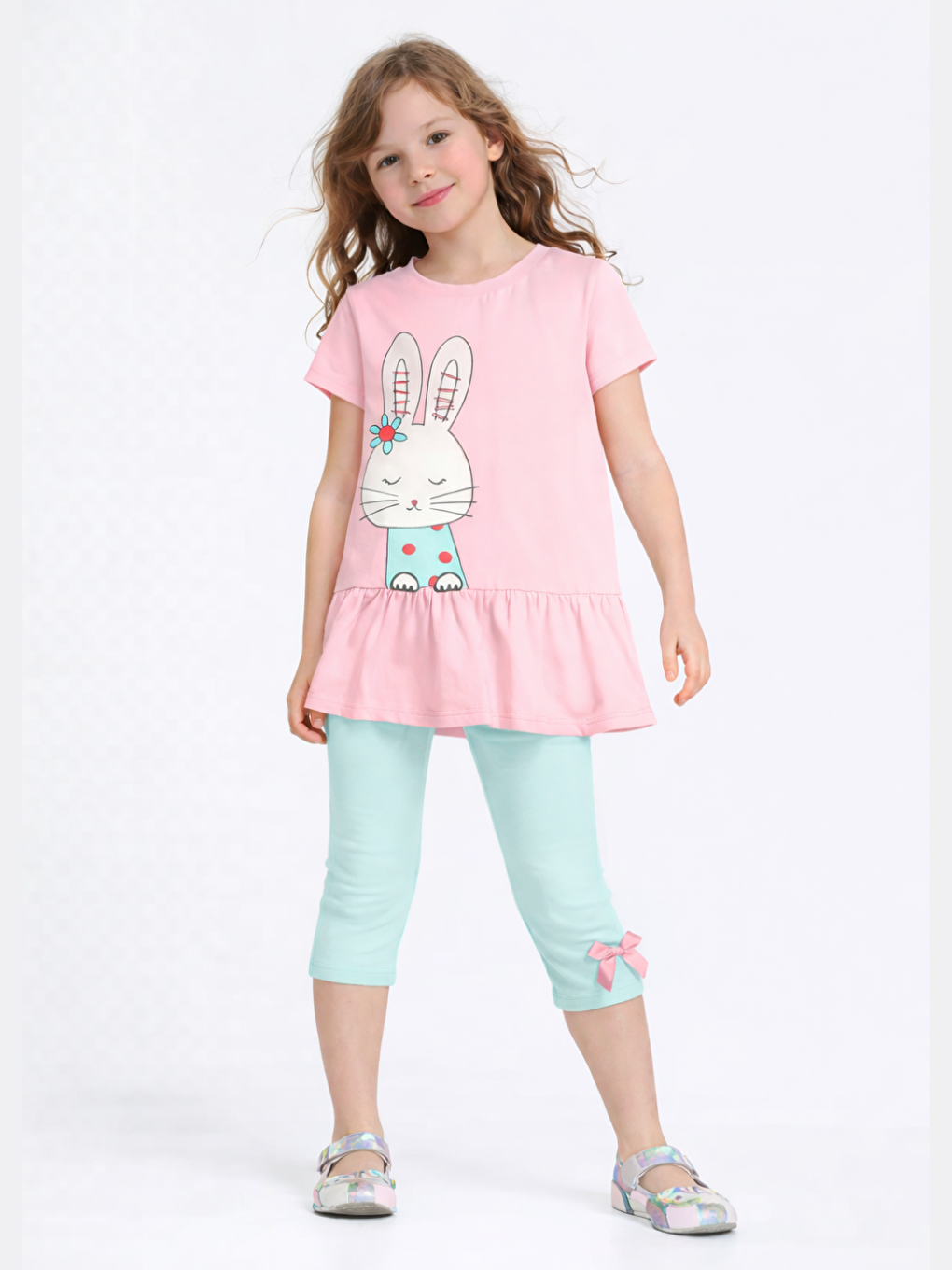 Pembe Bunny Kolları Fırfırlı Tunik + Tayt Takım