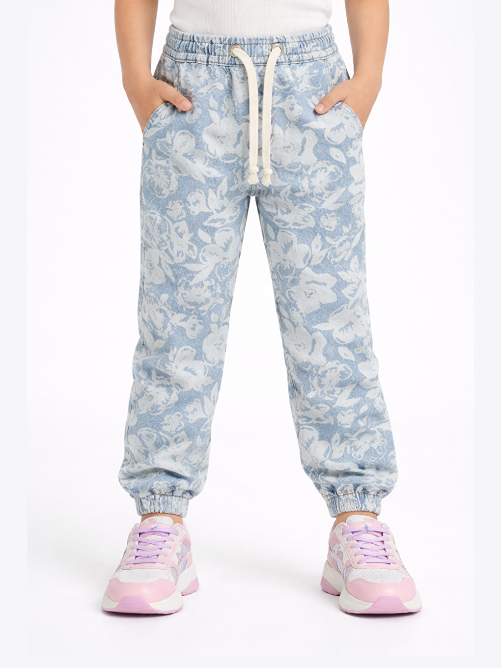 İndigo Çiçekli Stone Wash Kız Çocuk Jean Jogger Pantolon