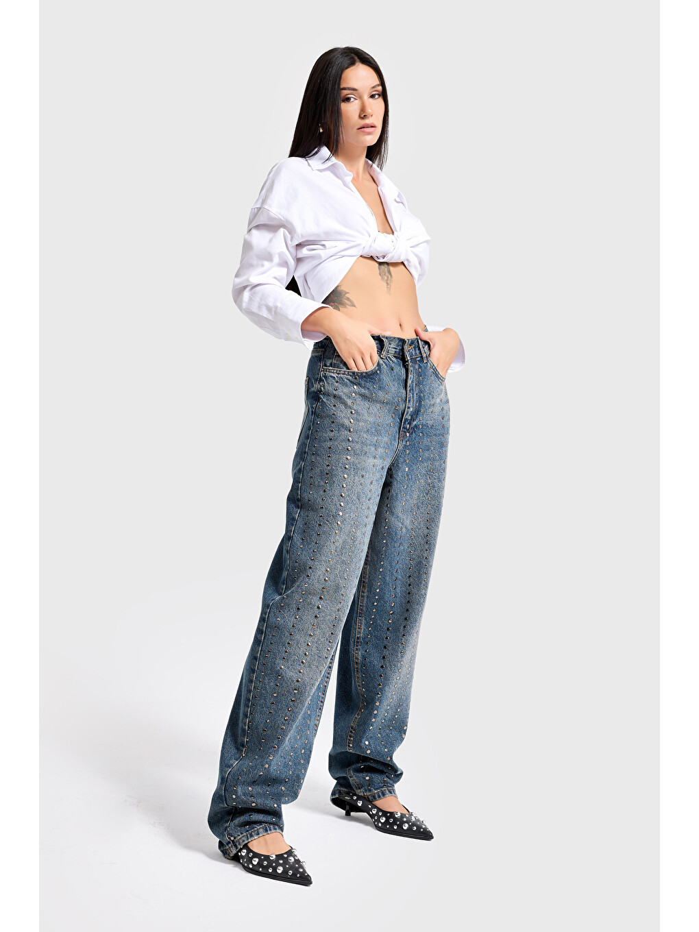 Mavi Taş Detaylı Skater Fit Tasarım Denim Jean-5