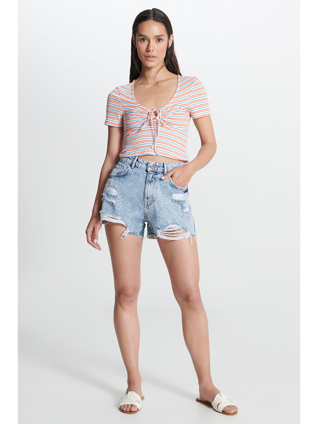 Regular Fit Normal Bel Açık Mavi Jean Şort-1