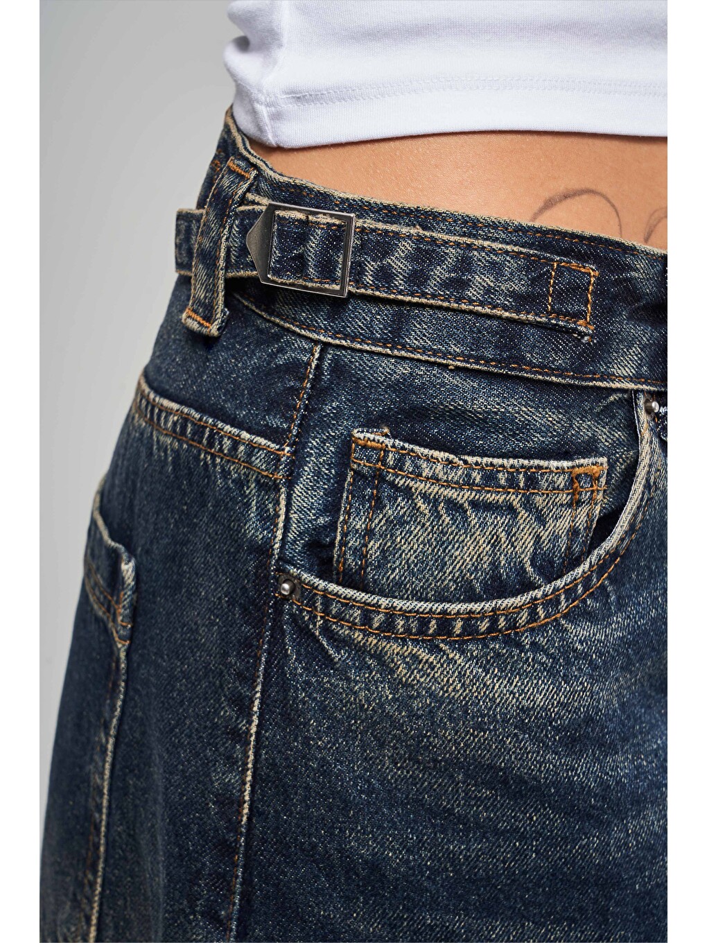 Mavi Baggy Fit Kemer Detaylı Denim Jean-5