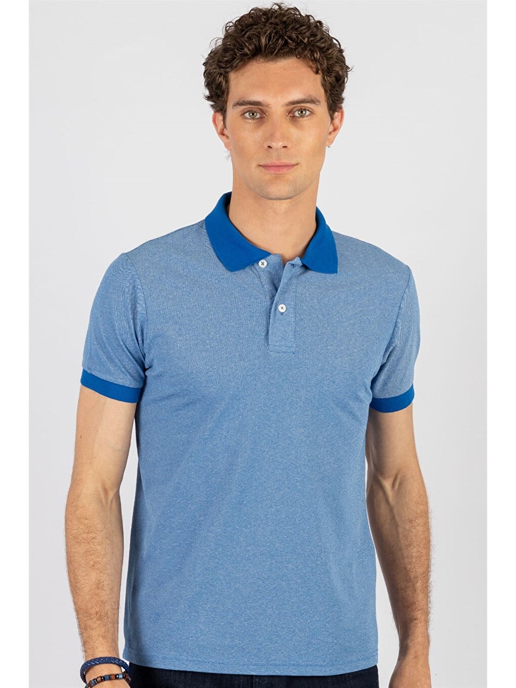 Erkek Slim Fit Dar Kesim Düz Pike Mavi Polo Yaka Tişört