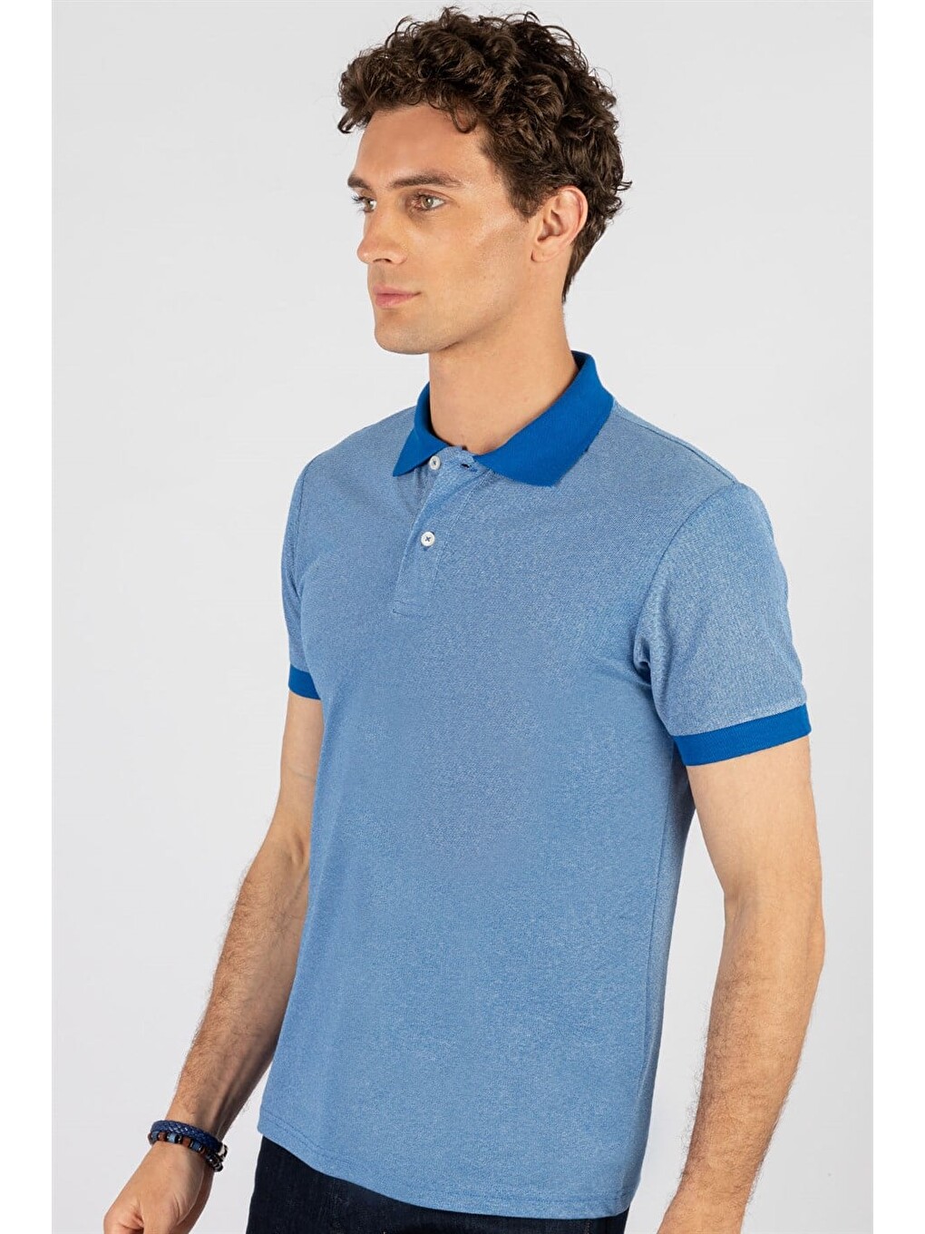 Erkek Slim Fit Dar Kesim Düz Pike Mavi Polo Yaka Tişört-1