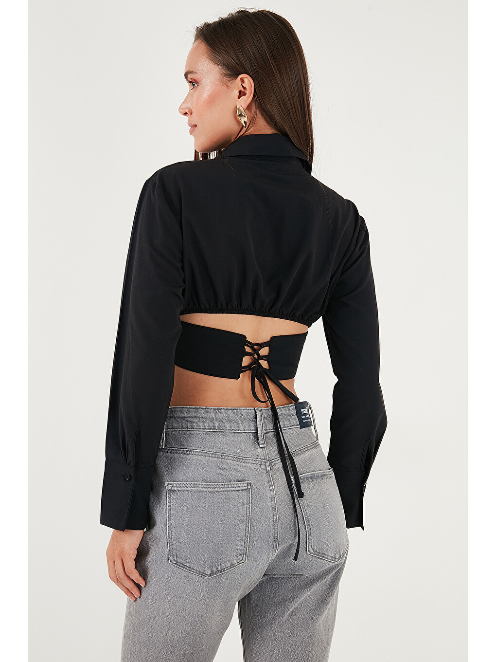 Siyah Fitted Fit Pamuklu Korse Detaylı Uzun Kollu Crop Gömlek 611go00376-5