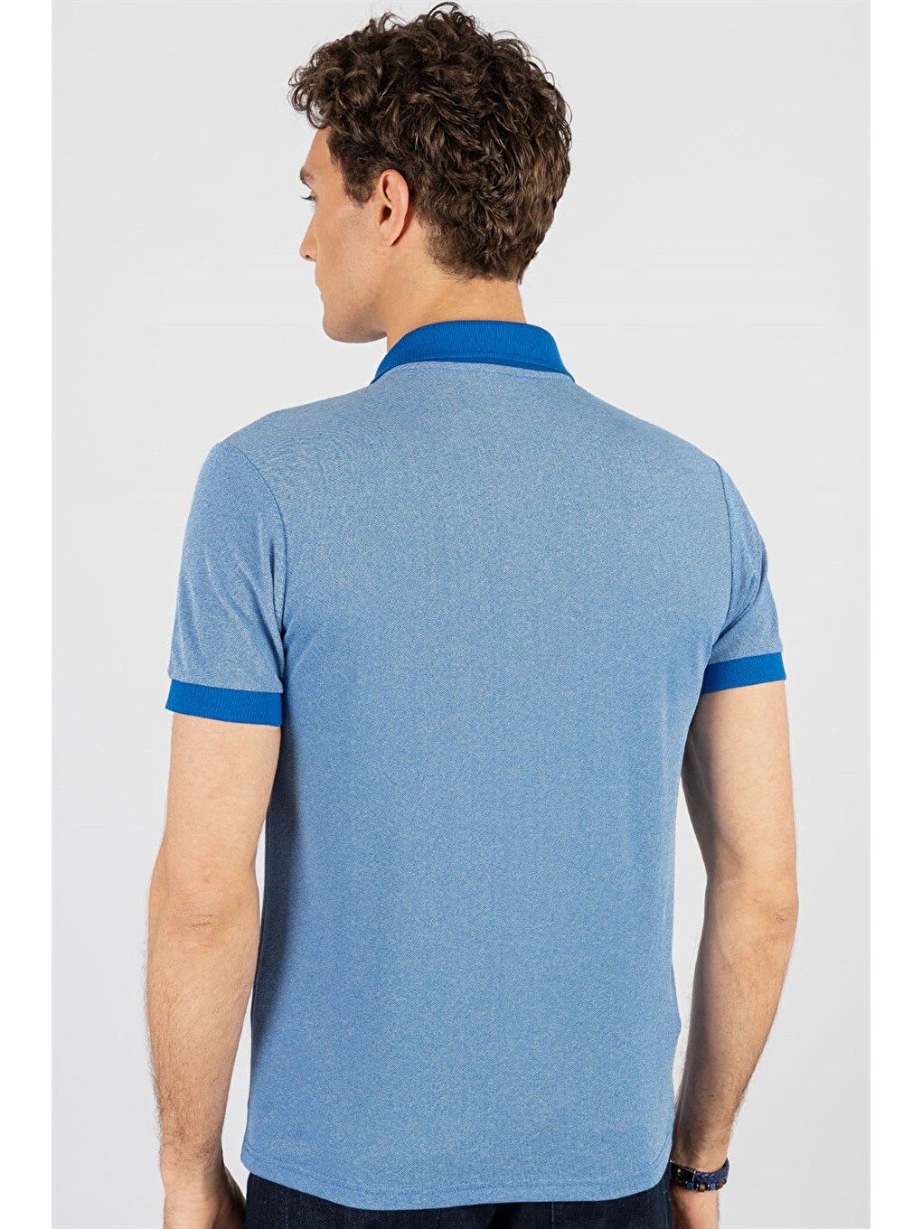 Erkek Slim Fit Dar Kesim Düz Pike Mavi Polo Yaka Tişört-3