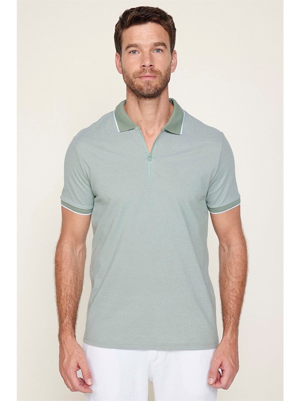Yeşil Erkek Slim Fit Fermuarlı Polo Yaka Pike Pamuklu Mint Tişört-1