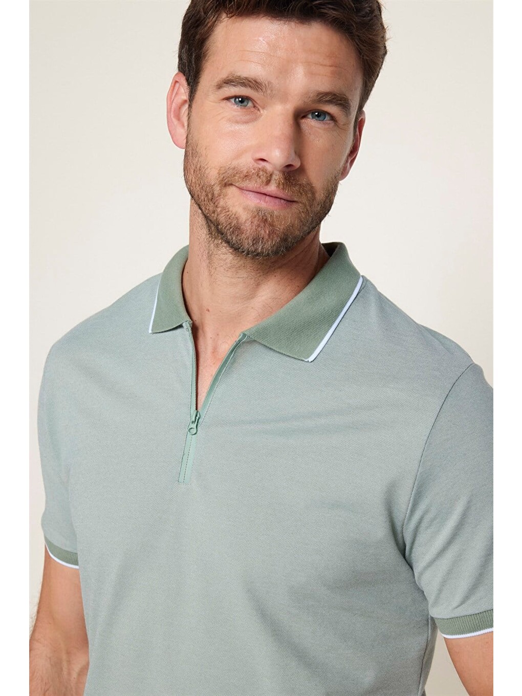 Yeşil Erkek Slim Fit Fermuarlı Polo Yaka Pike Pamuklu Mint Tişört-2