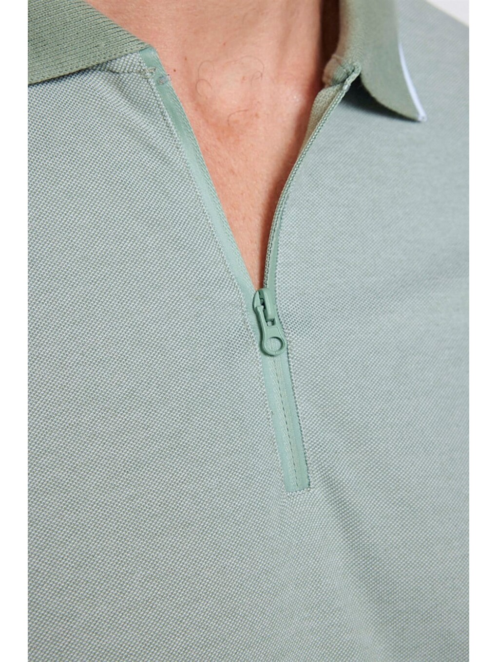 Yeşil Erkek Slim Fit Fermuarlı Polo Yaka Pike Pamuklu Mint Tişört-3