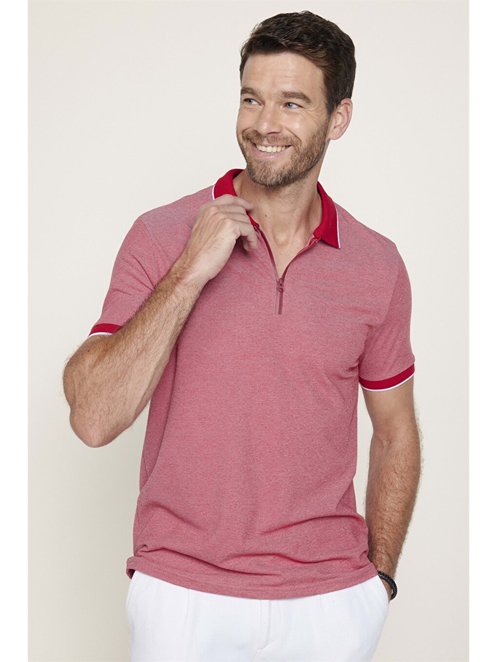 Bordo Erkek Slim Fit Fermuarlı Polo Yaka Pike Pamuklu Kırmızı Tişört