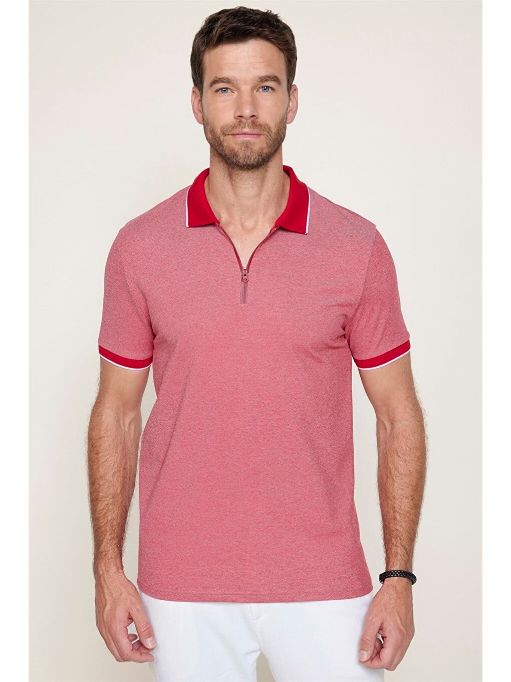 Bordo Erkek Slim Fit Fermuarlı Polo Yaka Pike Pamuklu Kırmızı Tişört-1