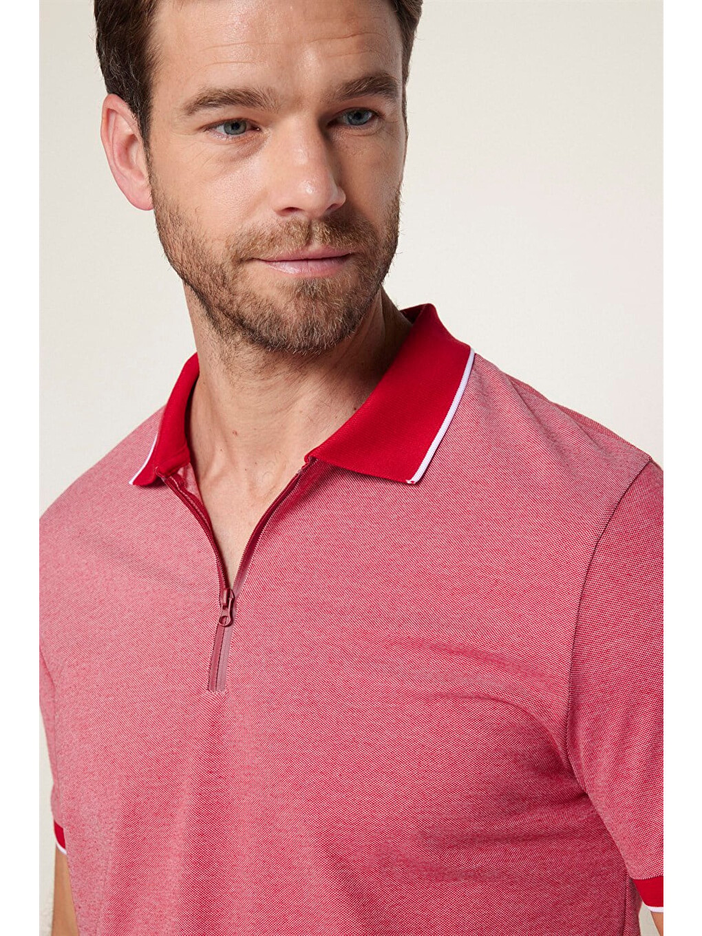 Bordo Erkek Slim Fit Fermuarlı Polo Yaka Pike Pamuklu Kırmızı Tişört-2