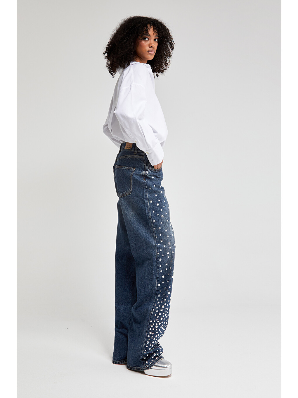 Mavi Parlak Damla Taş Detaylı Tasarım Denim Jean-5