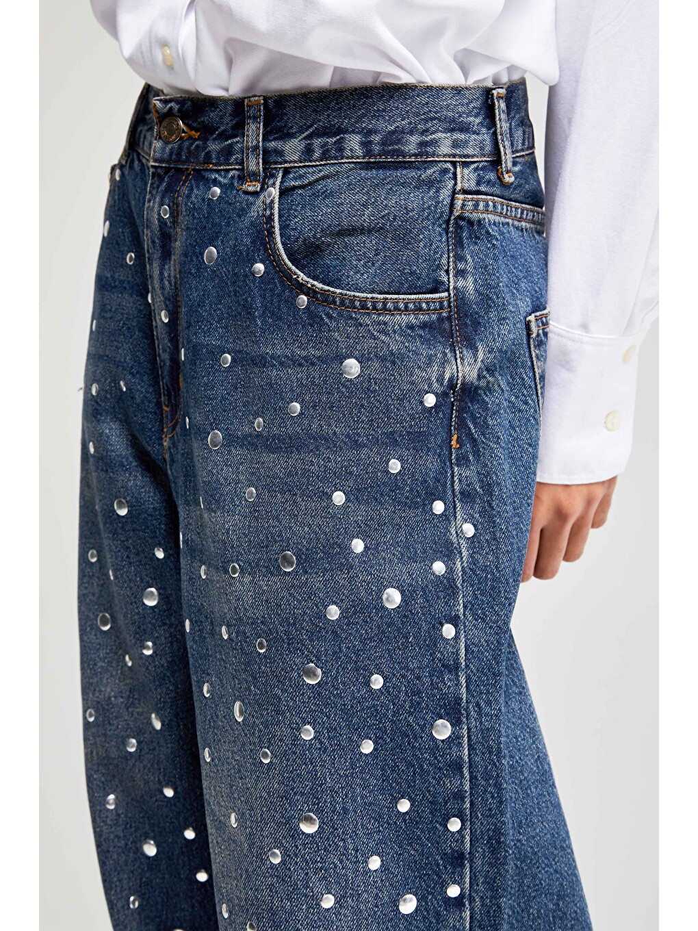 Mavi Parlak Damla Taş Detaylı Tasarım Denim Jean-6