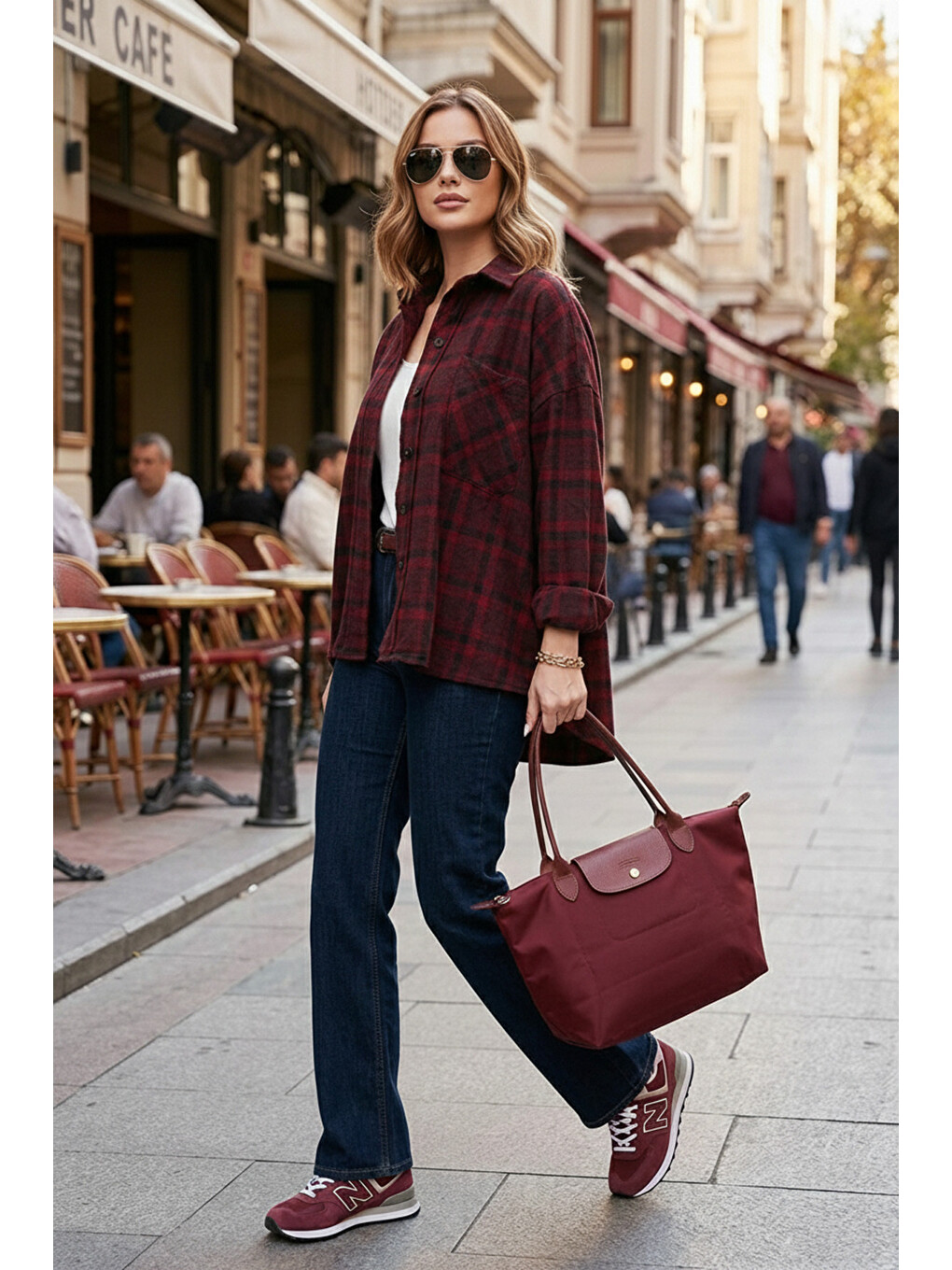 Mürdüm Ekoseli Pamuklu Oversize Fit Klasik Yaka Gömlek 6835002