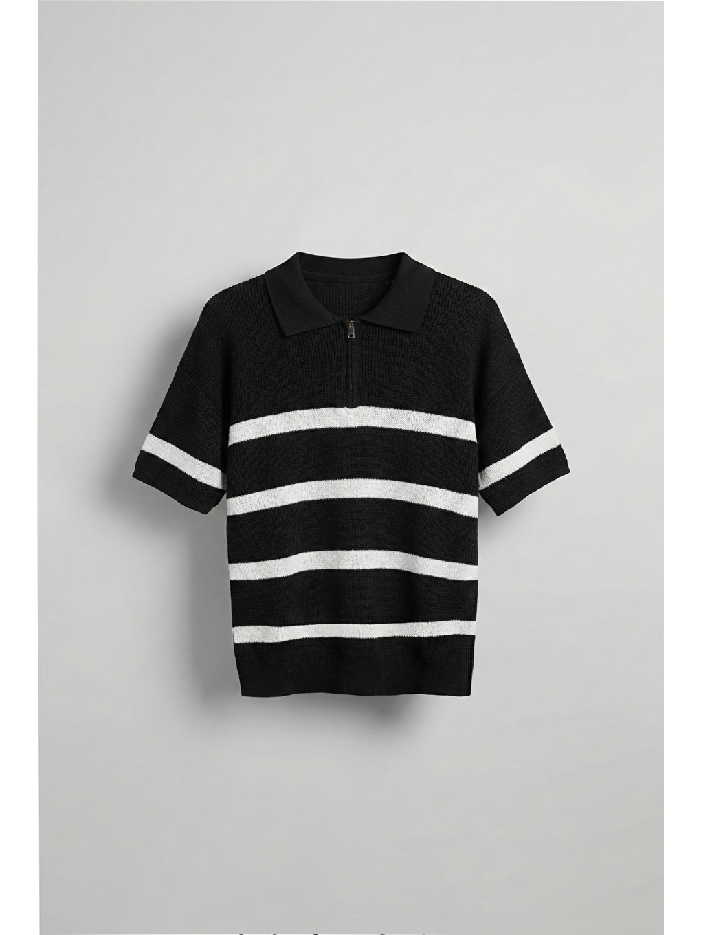 Erkek Oversize Örme Triko Polo Yaka T-Shirt Siyah